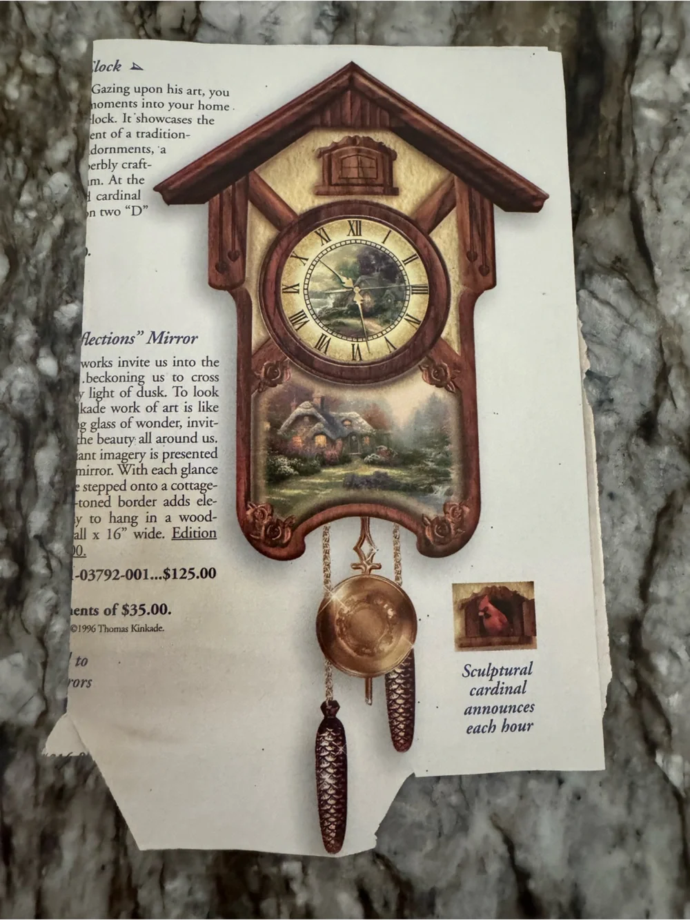 Bradford Exchange Thomas Kinkade Cuckoo Clock 14in Maple Wood Cardinal Quartz
